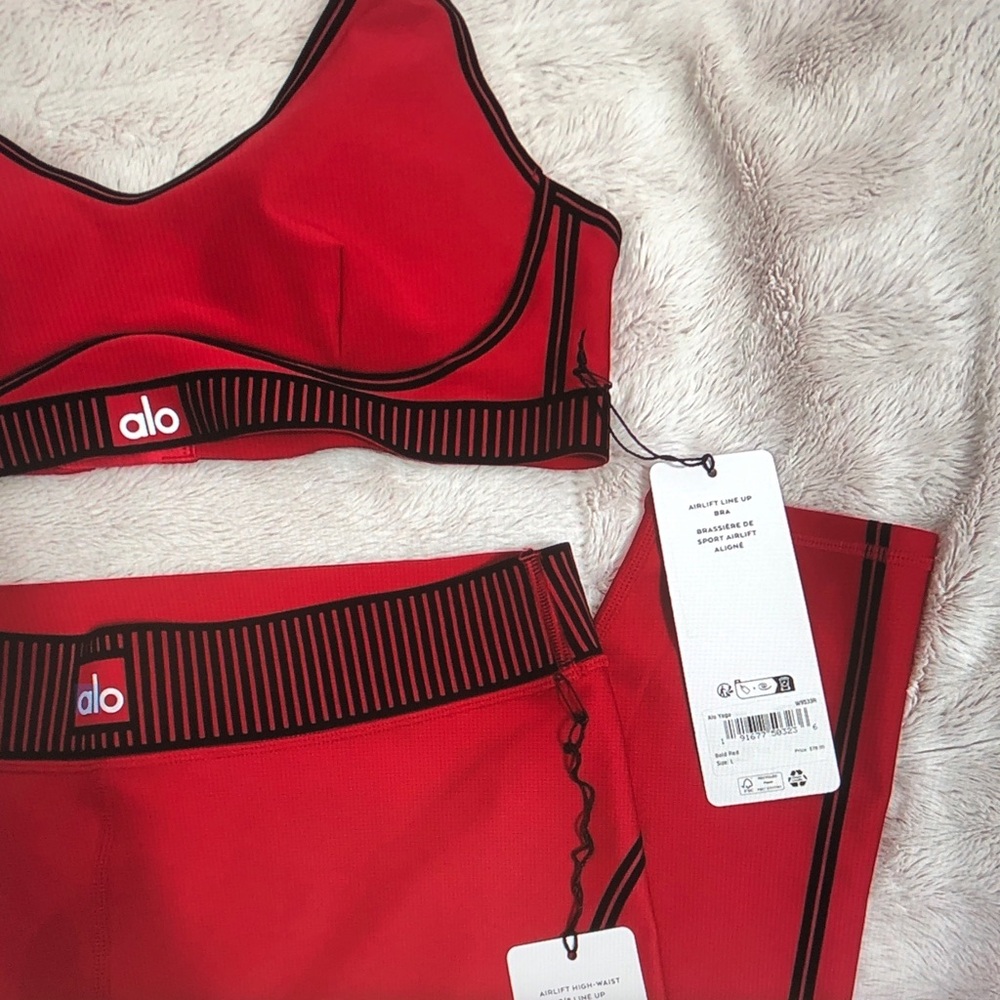 ALO Yoga Red High-Waist Ribbed Leggings with Black Trim - Picture 2 of 4